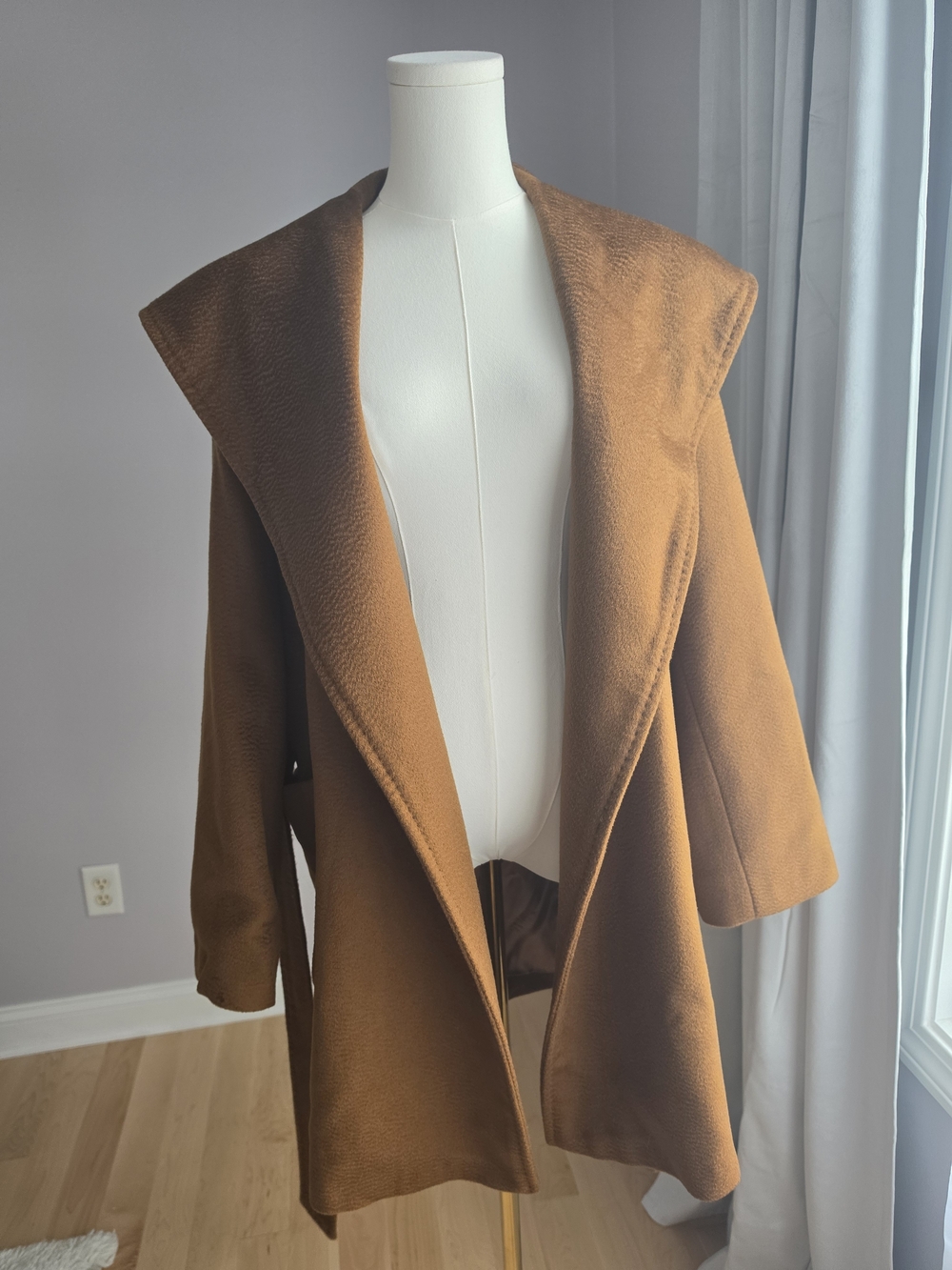 MaxMara Camel Hooded Open-Front Trench Coat